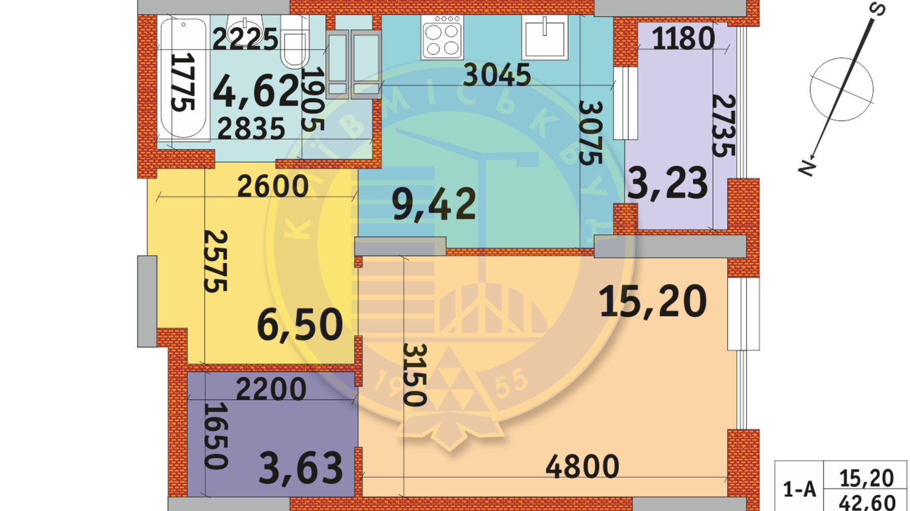 Планування 1-кімнатної квартири в ЖК Urban Park 42.6 м², фото 288251
