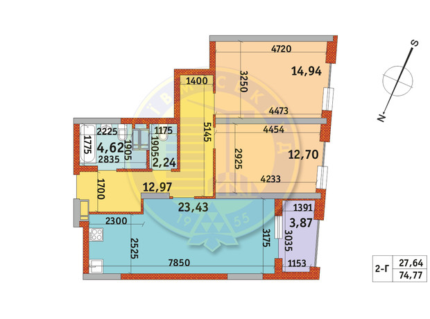 ЖК Urban Park: планировка 2-комнатной квартиры 74.77 м²