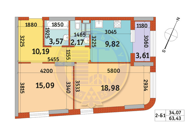 ЖК Urban Park: планування 2-кімнатної квартири 63.43 м²