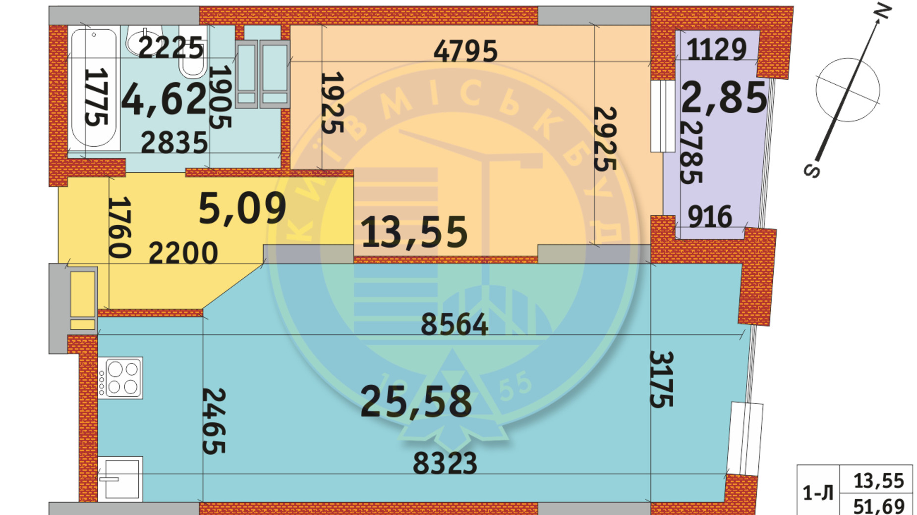 Планування 1-кімнатної квартири в ЖК Urban Park 51.69 м², фото 288293