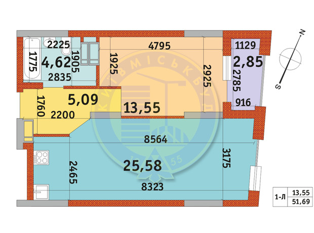 ЖК Urban Park: планировка 1-комнатной квартиры 51.69 м²