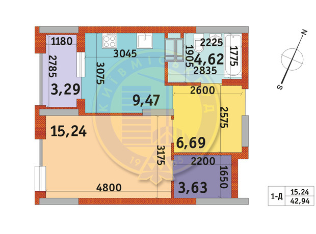 ЖК Urban Park: планування 1-кімнатної квартири 42.94 м²