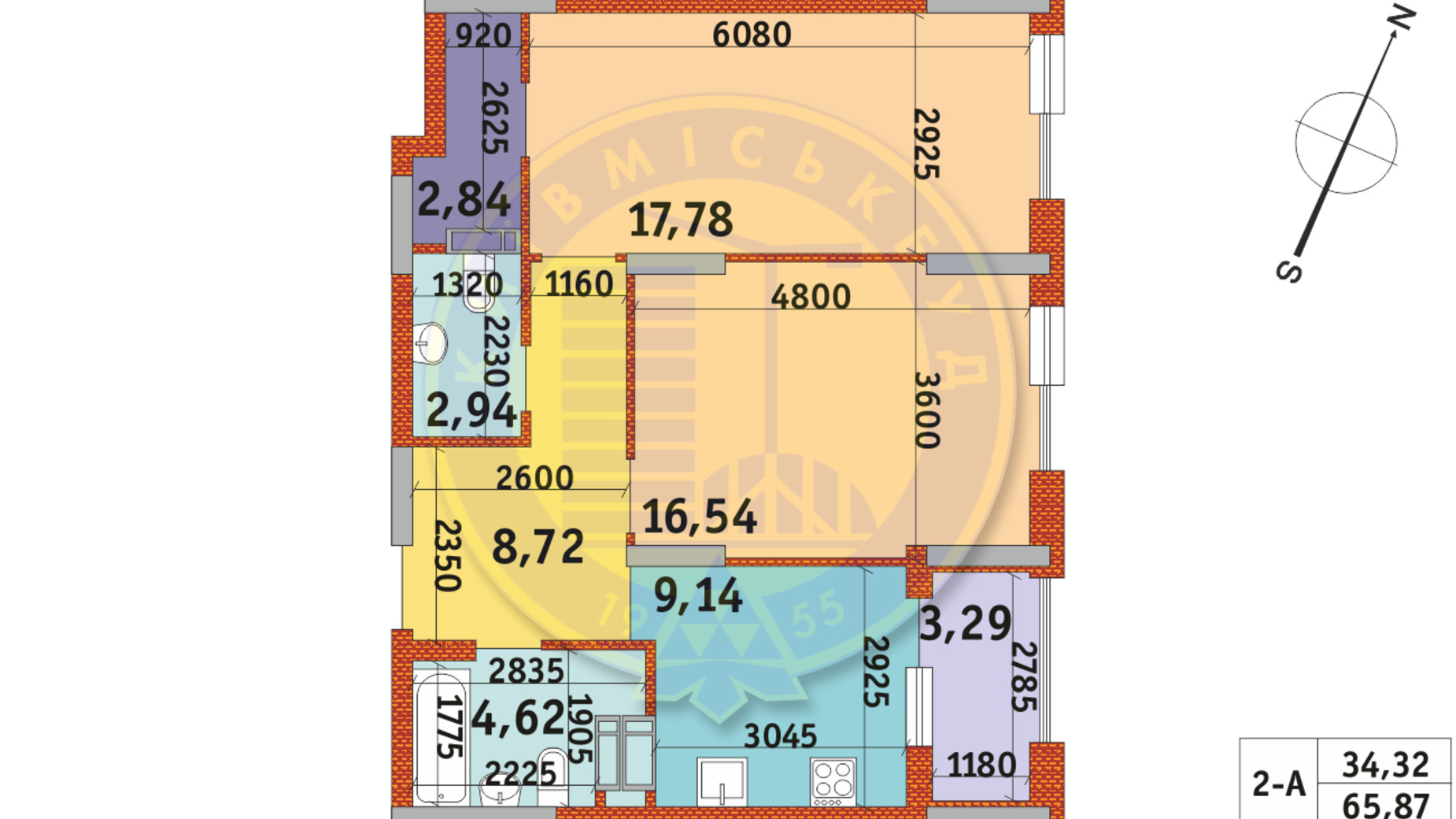 Планування 2-кімнатної квартири в ЖК Urban Park 65.87 м², фото 288305
