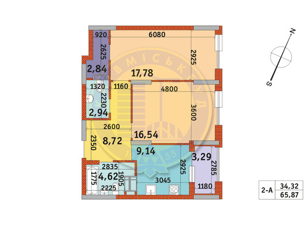 ЖК Urban Park: планування 2-кімнатної квартири 65.87 м²