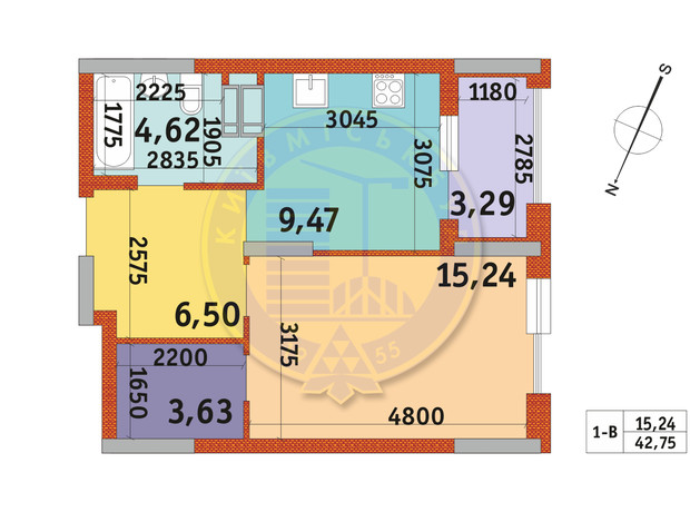 ЖК Urban Park: планування 1-кімнатної квартири 42.75 м²