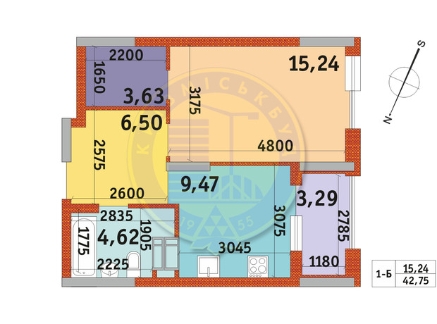ЖК Urban Park: планировка 1-комнатной квартиры 42.75 м²