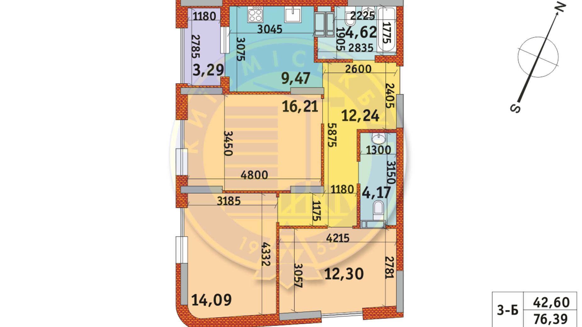 Планування 3-кімнатної квартири в ЖК Urban Park 76.39 м², фото 288317