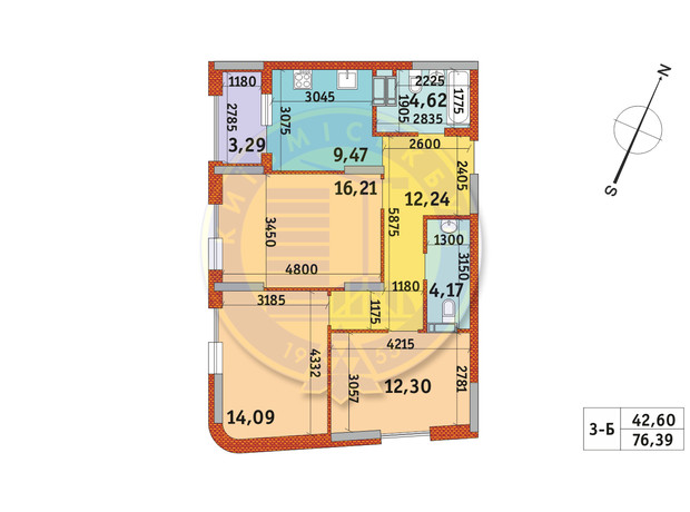 ЖК Urban Park: планировка 3-комнатной квартиры 76.39 м²