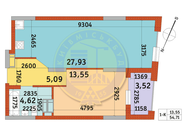 ЖК Urban Park: планировка 1-комнатной квартиры 54.71 м²