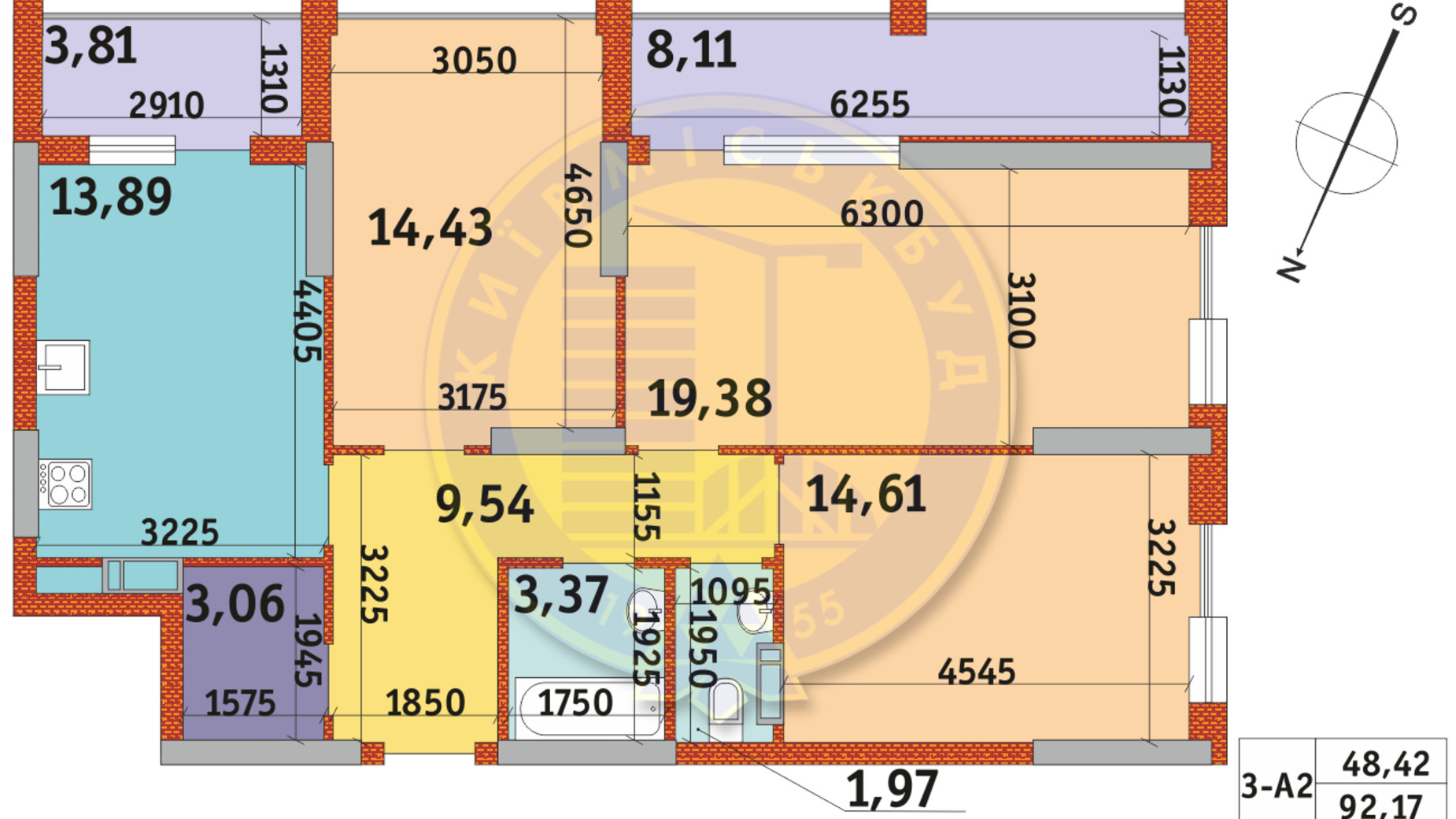 Планування 3-кімнатної квартири в ЖК Urban Park 92.17 м², фото 288329