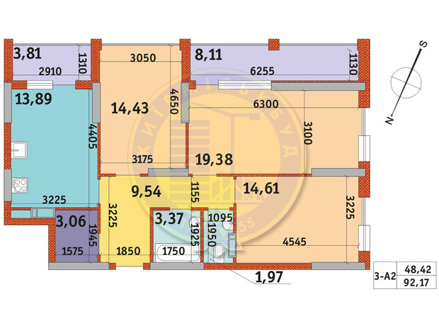 ЖК Urban Park: планировка 3-комнатной квартиры 92.17 м²