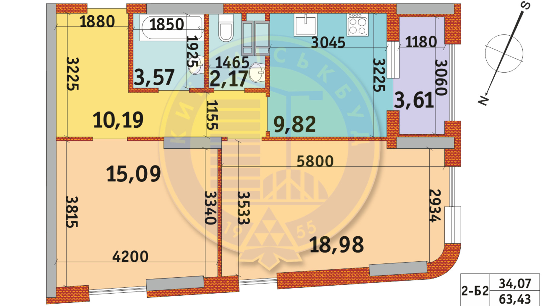 Планування 2-кімнатної квартири в ЖК Urban Park 63.43 м², фото 288337