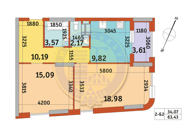 ЖК Urban Park: планування 2-кімнатної квартири 63.43 м²