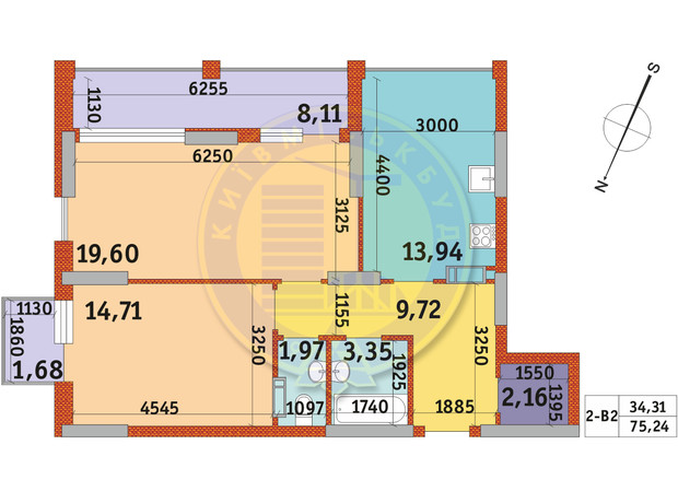 ЖК Urban Park: планировка 2-комнатной квартиры 75.24 м²