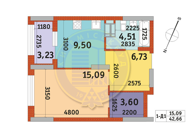 ЖК Urban Park: планировка 1-комнатной квартиры 42.66 м²