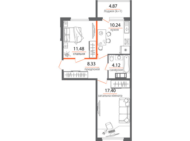 ЖК Welcome Home на Стеценка: планировка 1-комнатной квартиры 56 м²