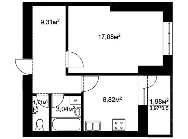 ЖК Подворье: планування 1-кімнатної квартири 41.94 м²
