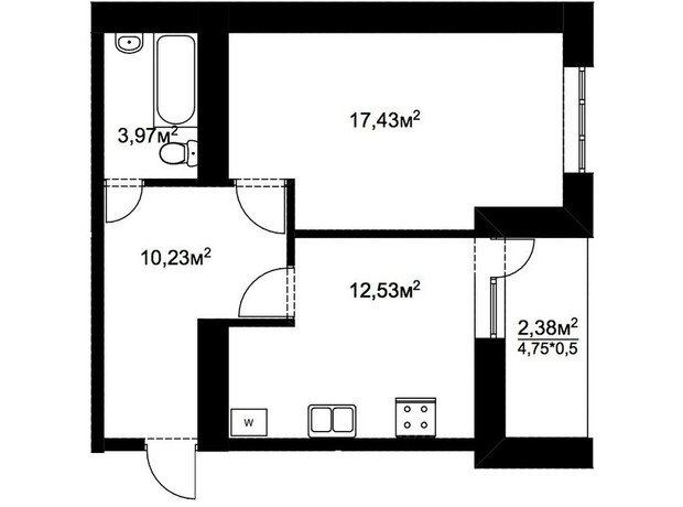 ЖК Подворье: планування 1-кімнатної квартири 46.58 м²