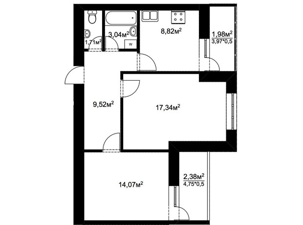 ЖК Подворье: планировка 2-комнатной квартиры 58.86 м²