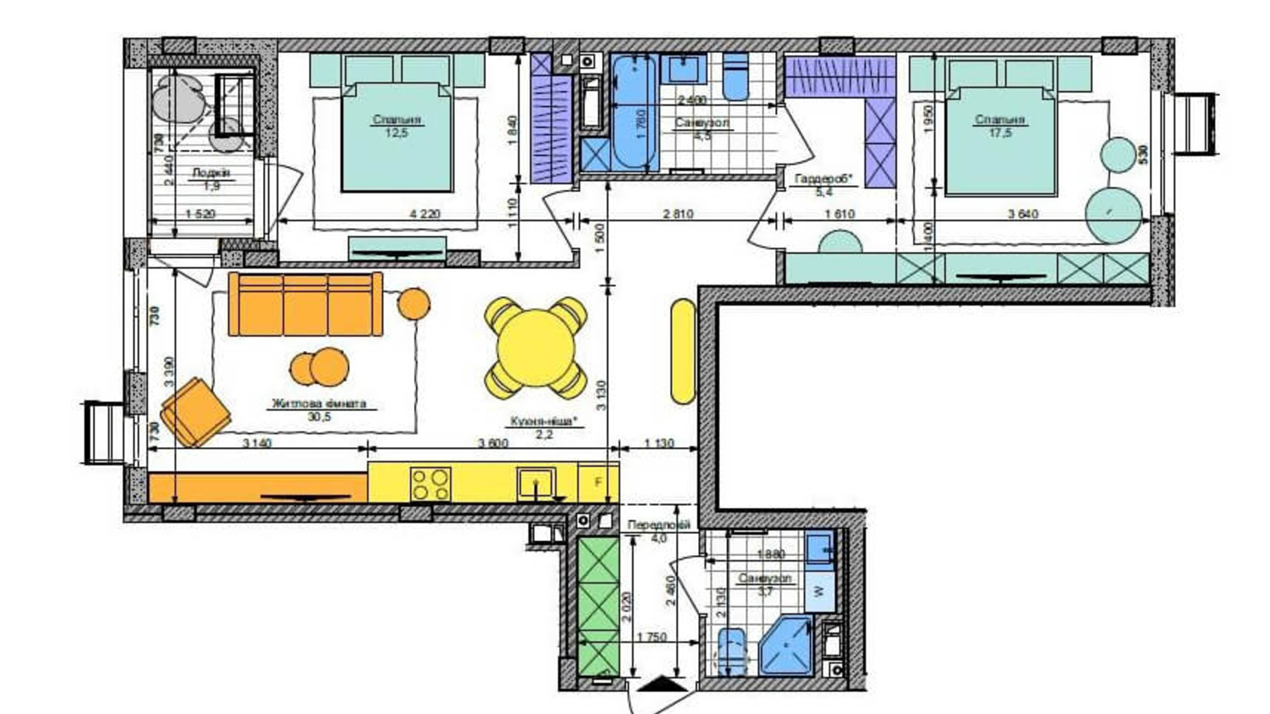 Планування 2-кімнатної квартири в ЖК Respublika 74 м², фото 288762