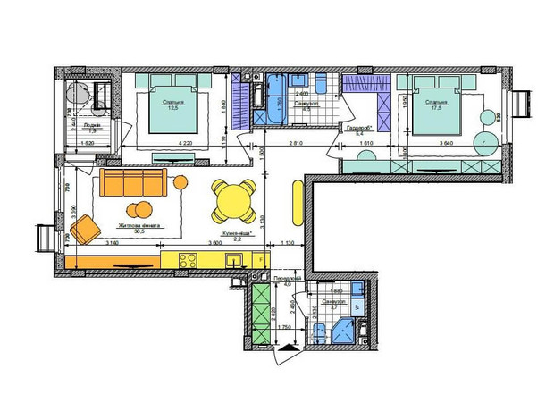 ЖК Respublika: планування 2-кімнатної квартири 74 м²