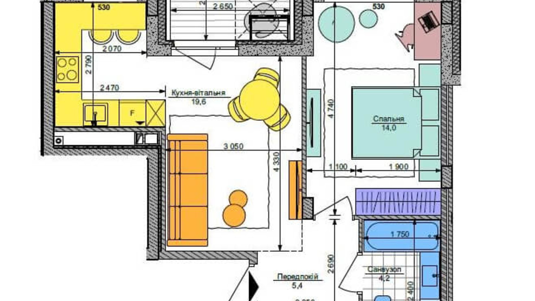 Планировка 1-комнатной квартиры в ЖК Respublika 45.7 м², фото 288763