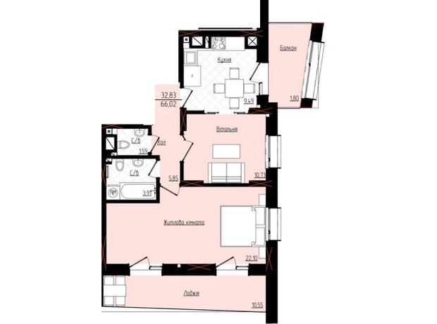 ЖК Янтарный: планировка 2-комнатной квартиры 66.02 м²