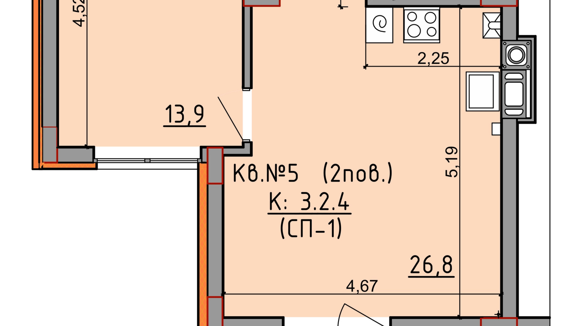 Планування 1-кімнатної квартири в ЖК Басів схил 46.3 м², фото 289382