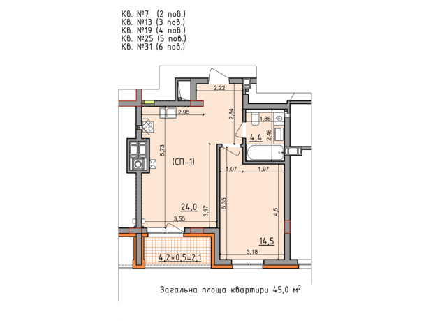 ЖК Басів схил: планировка 1-комнатной квартиры 45 м²