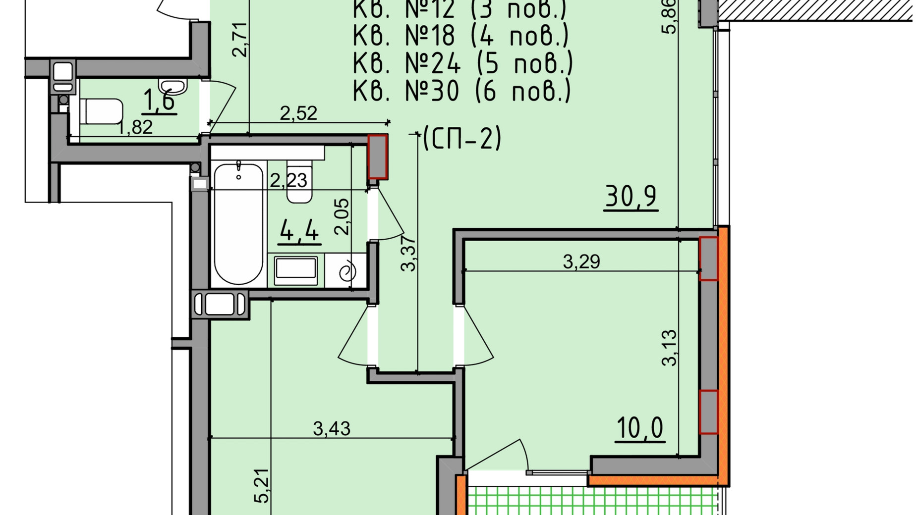 Планировка 2-комнатной квартиры в ЖК Басів схил 63.8 м², фото 289461