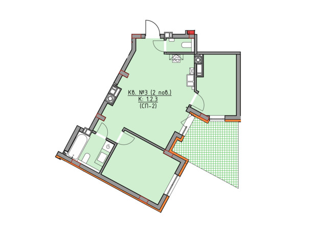 ЖК Басів схил: планування 2-кімнатної квартири 63.8 м²