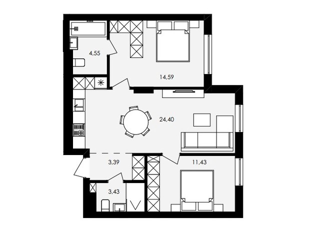 ЖК Avalon Holiday: планировка 2-комнатной квартиры 61.79 м²