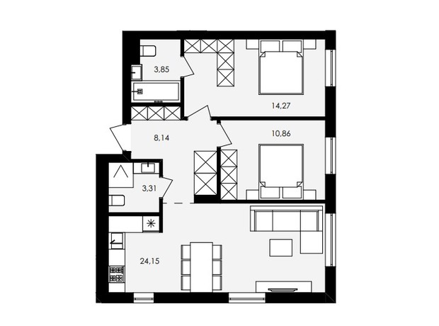ЖК Avalon Holiday: планировка 2-комнатной квартиры 64.58 м²