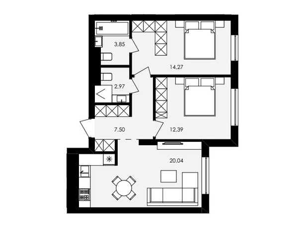 ЖК Avalon Holiday: планировка 2-комнатной квартиры 61.02 м²