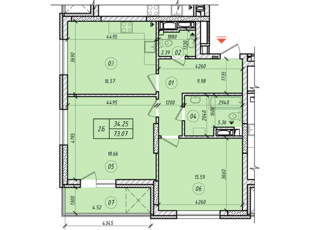 ЖК LookyanSky: планировка 2-комнатной квартиры 73.07 м²