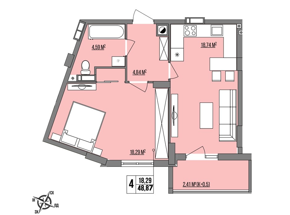 Планировка 1-комнатной квартиры в ЖК Маєток Винниківський 48.87 м², фото 290219 Планировка 1-комнатной квартиры в ЖК Маєток Винниківський 48.87 м², фото 290219