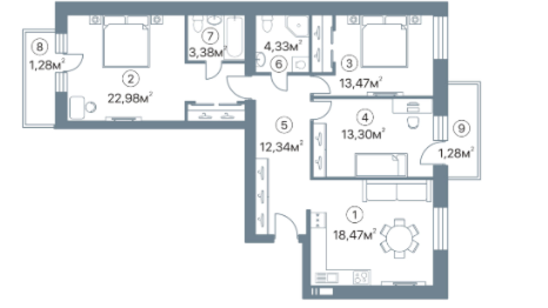 Планування 3-кімнатної квартири в ЖК Оскар 90.83 м², фото 290386