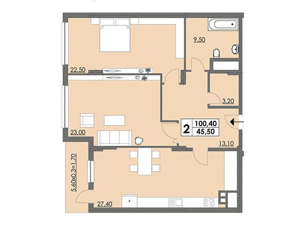 ЖК Плаза Квартал: планування 2-кімнатної квартири 100.4 м²