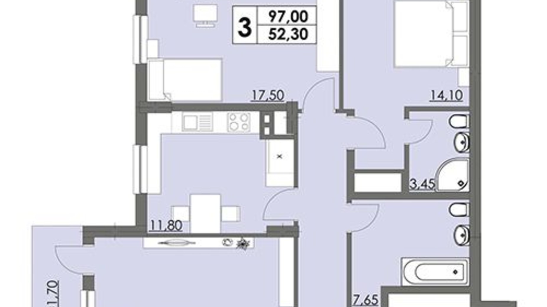 Планировка 3-комнатной квартиры в ЖК Плаза Квартал 97 м², фото 290579