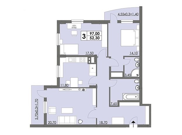 ЖК Плаза Квартал: планировка 3-комнатной квартиры 97 м²