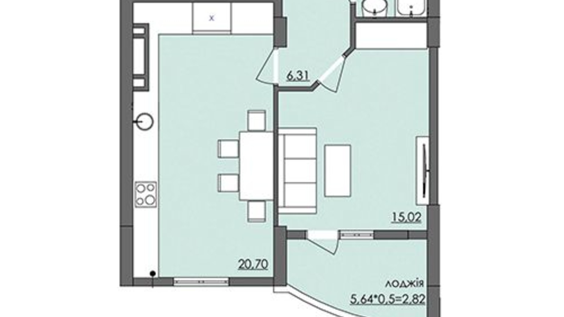 Планировка 1-комнатной квартиры в ЖК Плаза Квартал 48.8 м², фото 290580