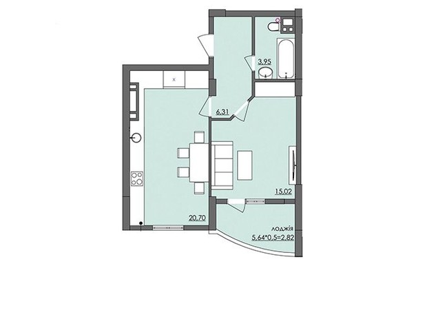 ЖК Плаза Квартал: планировка 1-комнатной квартиры 48.8 м²
