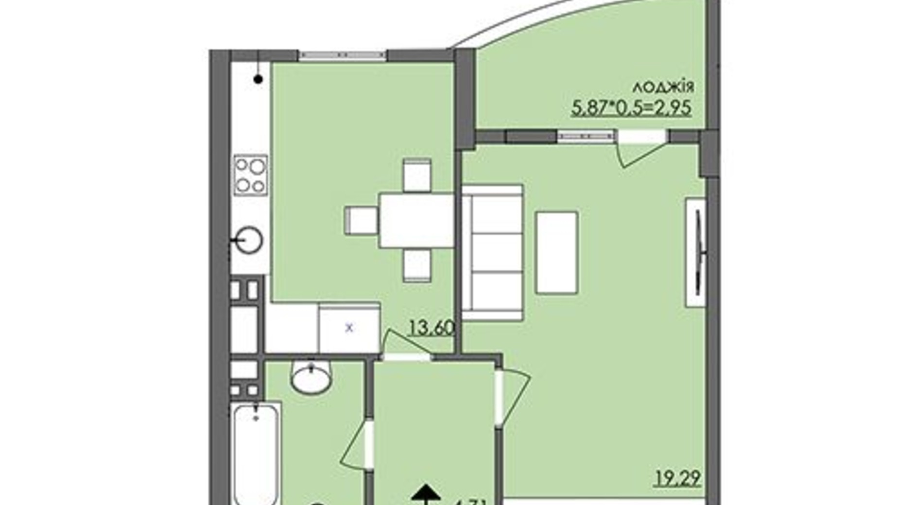 Планировка 1-комнатной квартиры в ЖК Плаза Квартал 45.5 м², фото 290581