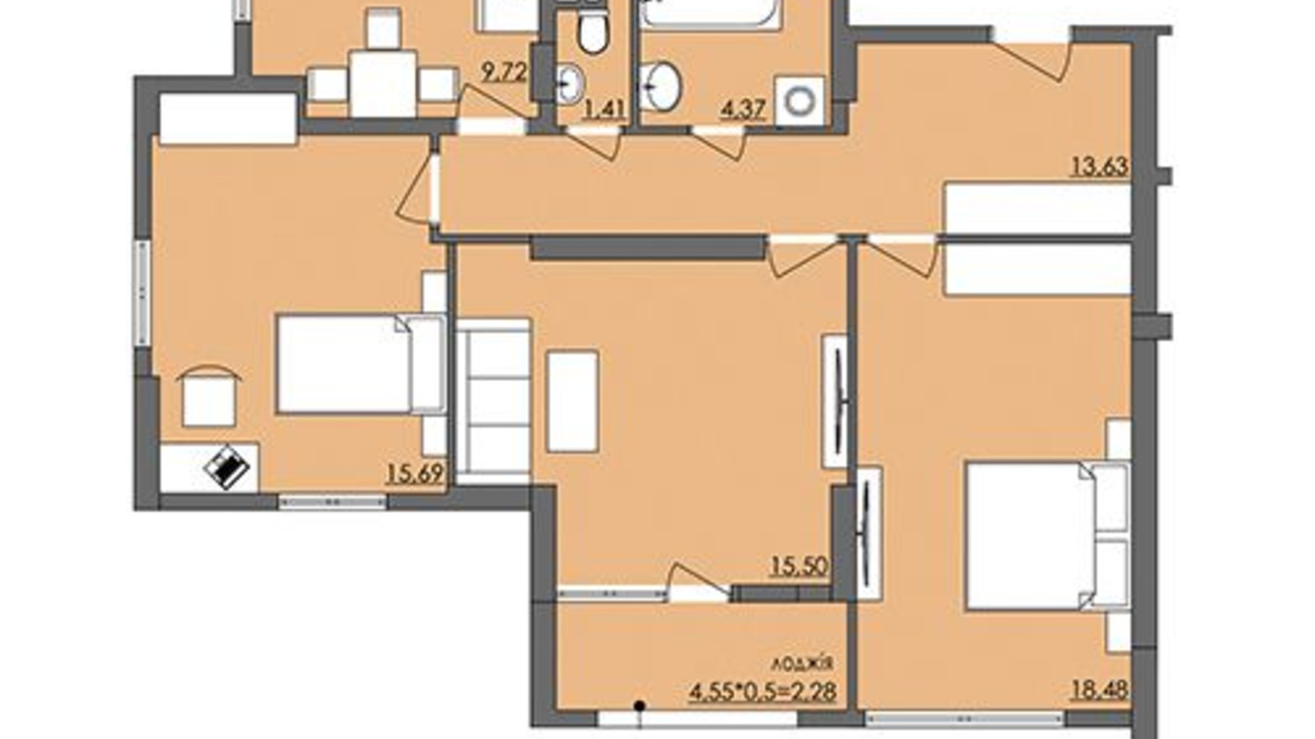Планировка 3-комнатной квартиры в ЖК Плаза Квартал 82.61 м², фото 290583