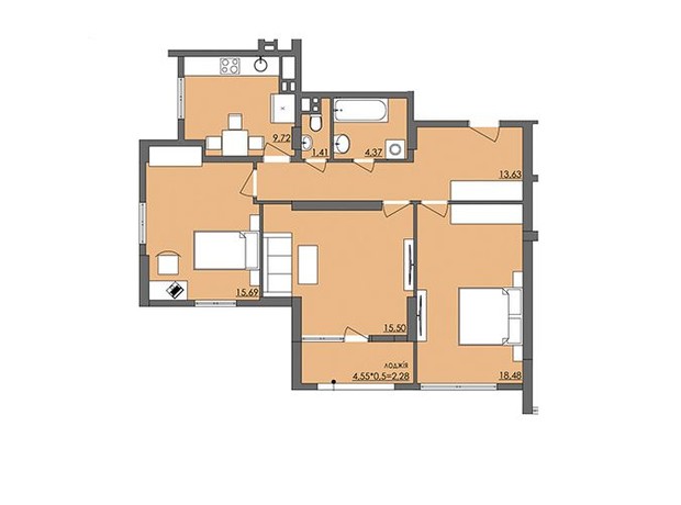 ЖК Плаза Квартал: планировка 3-комнатной квартиры 82.61 м²