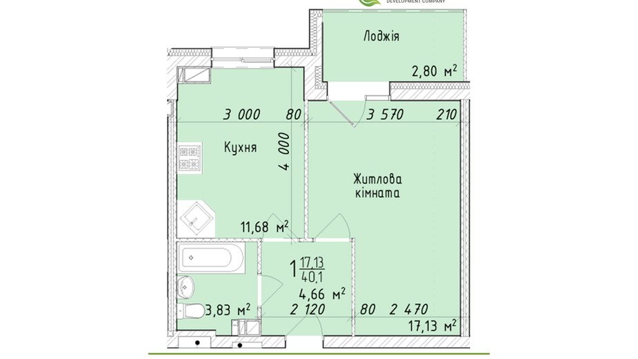 Планування 1-кімнатної квартири в ЖК Маєток Винниківський 40.1 м², фото 290608