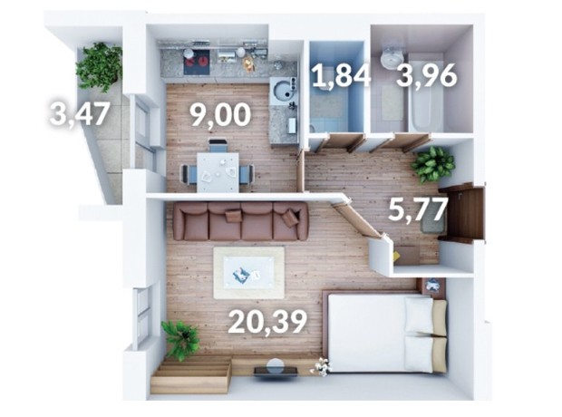 ЖК Північний: планування 1-кімнатної квартири 42.69 м²