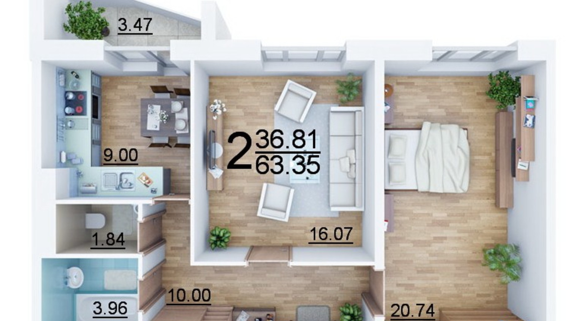 Планировка 2-комнатной квартиры в ЖК Северный 63.35 м², фото 290841
