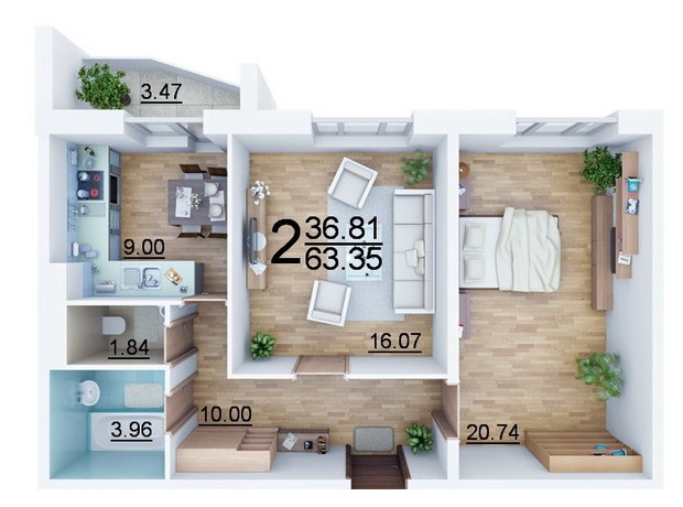 ЖК Северный: планировка 2-комнатной квартиры 63.35 м²