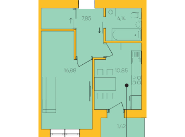 ЖК Ядро: планування 1-кімнатної квартири 41.4 м²